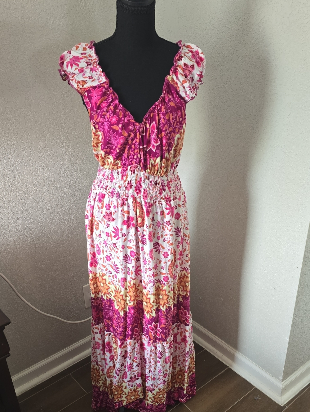 Floral Tiered Maxi Dress in Fuchsia and White